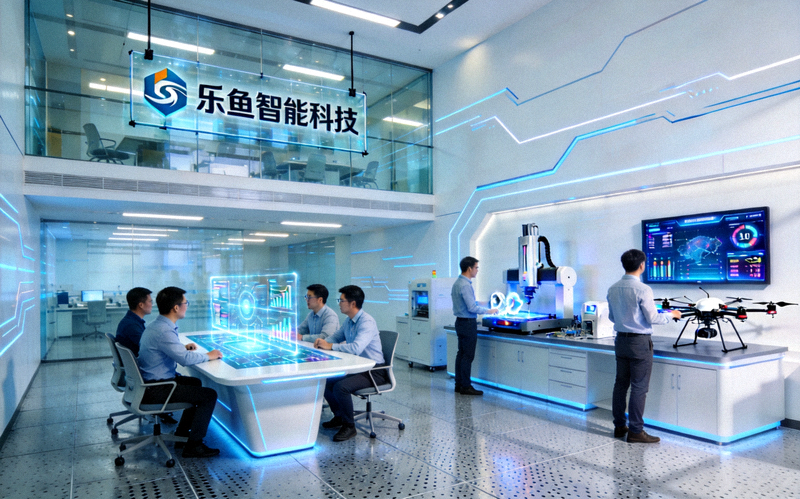 乐鱼智能科技现代化研发中心内部环境，展示团队协作与高科技设备